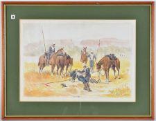 A coloured print “Done For!” showing a dying cavalryman surrounded by his comrades, after original