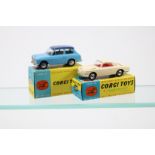 2 Corgi Toys Austin A.40 Saloon (216). In light blue with dark blue roof, smooth wheels with black