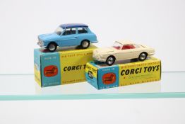 2 Corgi Toys Austin A.40 Saloon (216). In light blue with dark blue roof, smooth wheels with black
