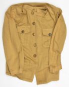 A collarless lightweight khaki jacket, 2 pockets to chest, 5 Vic General Service buttons to chest,