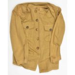 A collarless lightweight khaki jacket, 2 pockets to chest, 5 Vic General Service buttons to chest,