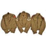 2 WWII 1940 pattern khaki BD blouses, Lieutenant RE, and private Malta A.A. Artillery with medal