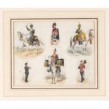 A watercolour painting by Richard Simkin showing 6 cavalry/infantry bandsmen in full dress, each one