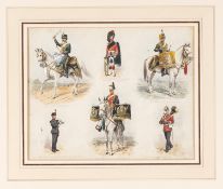 A watercolour painting by Richard Simkin showing 6 cavalry/infantry bandsmen in full dress, each one