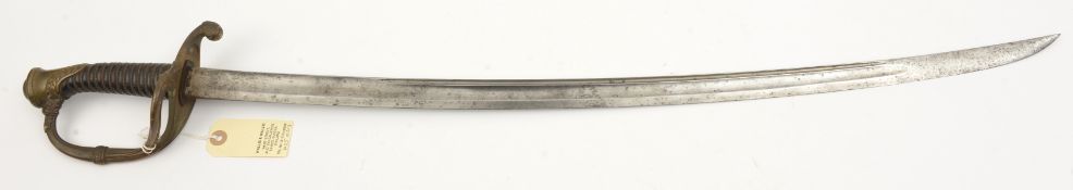 A French M1854 infantry guardsman’s sword, curved fullered blade 30”, with narrow back fuller,