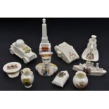 10 pieces of crested china, including Shelley China armoured car, arms of Stratford on Avon,