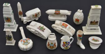 14 pieces of crested china, including Goss “Model of Cenotaph”, arms of City of London; Arcadian