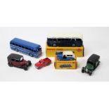6 Dinky Toys. A BOAC Coach, Duple Roadmaster coach, 2x Taxis, a Dublo taxi and a Morris Pick-up. 2
