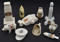 10 pieces of crested china, including Corona China Cenotaph, arms of City of London, Willow Art “
