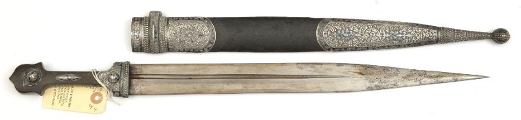 A Russian kindjal, sharply pointed double edged blade 16", with offset central fuller, Eastern