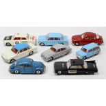 8 Dinky Toys. Mk1 Ford Cortina Rally Car, in white with black bonnet, RN8. Volkswagen Deluxe in