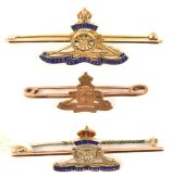 3 R. Artillery 9ct gold sweetheart tie pins, 2 enamelled, one plain engraved. GC