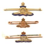 3 R. Artillery 9ct gold sweetheart tie pins, 2 enamelled, one plain engraved. GC