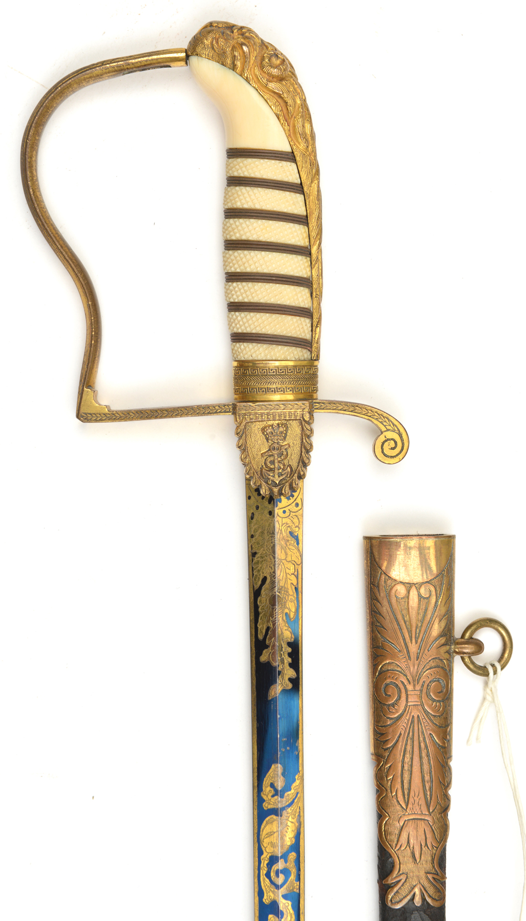 An 1803 Royal Naval officer’s sword, slender, shallow diamond section blade 27½”, etched and blued