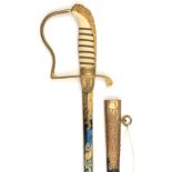 An 1803 Royal Naval officer’s sword, slender, shallow diamond section blade 27½”, etched and blued