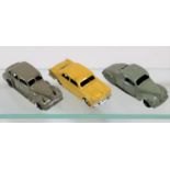 3 Dinky Toys. 39c, Lincoln Zephyr with grey body and black wheels. 39d, Buick with beige body and