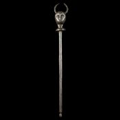 A Persian all iron mace. 73cms, head embossed as a devil?s head with applied horns and bicycle