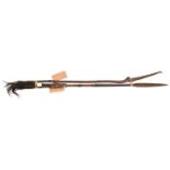 A Zulu spear, leaf shaped blade 12", leather bound onto darkwood haft with rings, horsehair