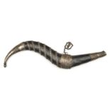 A horn-shaped Indian priming flask. 27cms, fabric covered, swollen in the middle, mounted with