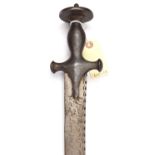 An unusual 19th century Indian sword tulwar, heavy, curved, flat blade 30", bifurcated at point,