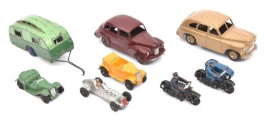 8 Dinky Toys. 30g, Caravan in two-tone green and blue smooth wheels. 35b, Midget Racer in silver.