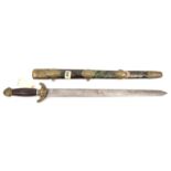 A Chinese shortsword, DE blade 19", scroll embossed upturned brass crossguard, swollen panelled