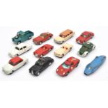 12x Corgi Toys cars. Land Rover 109" in metallic green. Aston Martin DB4. Plymouth Sports