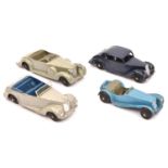 4 Dinky Toys. 38c, Lagonda in light grey with grey seats. 38e, Armstrong Siddeley in light grey with
