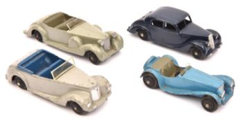 4 Dinky Toys. 38c, Lagonda in light grey with grey seats. 38e, Armstrong Siddeley in light grey with