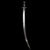 An Indian sword tulwar. Late 19th century, curved SE blade 75cms, iron hilt covered with silver foil