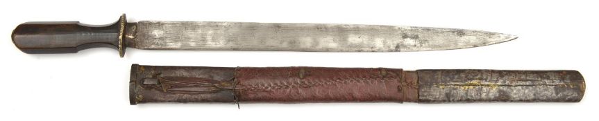 A Sino-Tibetan short sword. Late 19th century, broad SE blade 43cms, wooden hilt with octagonal