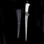 An Indian dagger pesh kabz. Straight T-shaped 19th century blade 25.5cms, the hilt with grips made