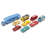 9 Matchbox Series. Bedford S Type car transporter in light blue. Land Rover Fire truck. AEC