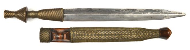 A good African Shona tribal knife bakatwa. c.1900, straight DE blade 29cms with off-set fullers,