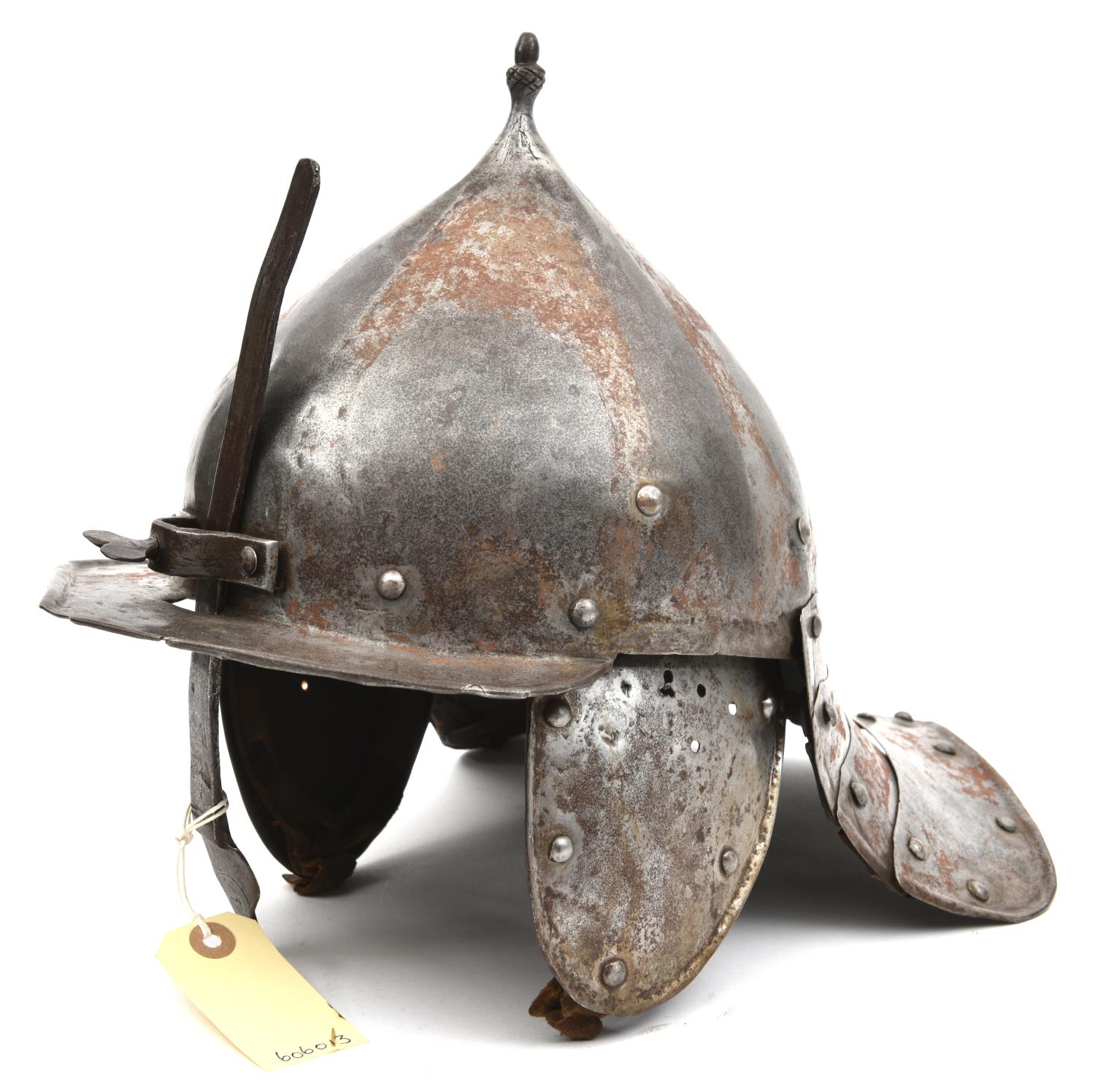 A 17th century style continental lobster tail helmet, pointed top to skull with acorn finial,