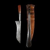 A short machete wedung from Java or Bali. Blade 17cms with unusual hatchet point, long tang with