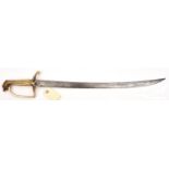 A late 18th century US hanger, slightly curved flat blade 22", gilt brass stirrup hilt with sideloop