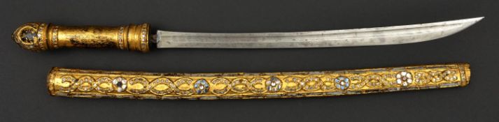 A Burmese sword dha, 20th century. Slightly curved SE blade 54cms cut with a single fuller, wooden