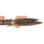 3 African fishing spears: (a) blade 7½", barbed socket, darkwood haft, 50" overall, (b) blade 7",
