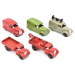 5 Dinky Toys. 22c, Motor Truck in red. 30e, Breakdown Lorry in red. 34c, Loudspeaker Van in fawn. 2x