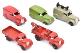 5 Dinky Toys. 22c, Motor Truck in red. 30e, Breakdown Lorry in red. 34c, Loudspeaker Van in fawn. 2x