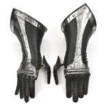A pair of well made modern mitten gauntlets, articulated hands and fingers, blackened fingers and