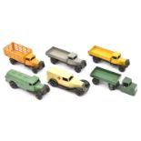 6 Dinky Toys. 25a, Wagon in grey. 25d, Petrol Tank Wagon in green. 25e, Tipping Wagon in yellow.