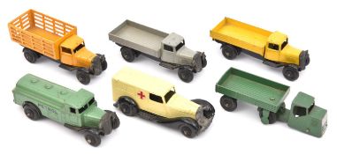 6 Dinky Toys. 25a, Wagon in grey. 25d, Petrol Tank Wagon in green. 25e, Tipping Wagon in yellow.