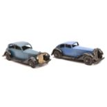 2 Dinky Toys. 30b, Rolls Royce in blue. 36d, Rover in blue. Both with smooth black wheels. GC,
