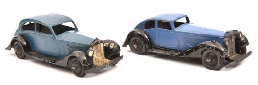 2 Dinky Toys. 30b, Rolls Royce in blue. 36d, Rover in blue. Both with smooth black wheels. GC,