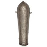 A large Persian iron arm guard bazu band. Qjar dynasty, 38cms etched with pairs of seated figures in