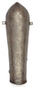 A large Persian iron arm guard bazu band. Qjar dynasty, 38cms etched with pairs of seated figures in
