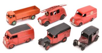 6 Dinky Toys. 25h, Streamlined Fire Engine. 31a, Trojan Van, Esso. 34b, Royal Mail Van. 36g, Taxi in