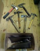 A WWII RAF escape axe; 5 various fire axes, one marked "London AFS"; an RAF "22C" survival knife,